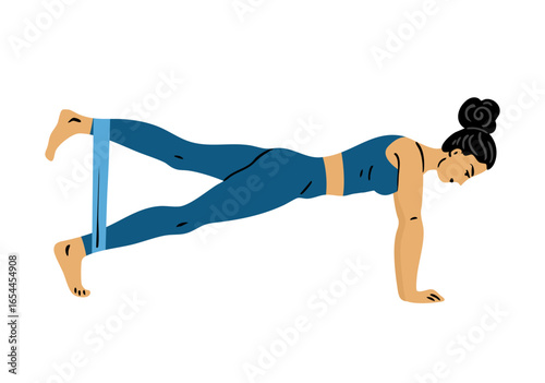 Flat vector illustration of a young woman holding plank position with resistance band on legs. Core and full body workout. Isolated on white background