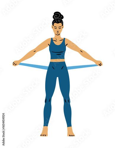 Flat vector illustration of a young woman pulling resistance band with arms sideways. Fitness workout for shoulders and arms. Isolated on white background