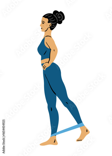 Flat vector illustration of a young woman performing standing leg kickback with elastic resistance band around ankles. Fitness and glute workout. Isolated on white background
