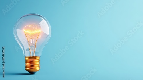 Bright Light Bulb Glowing with Warm Ambient Light Against Soft Blue Background