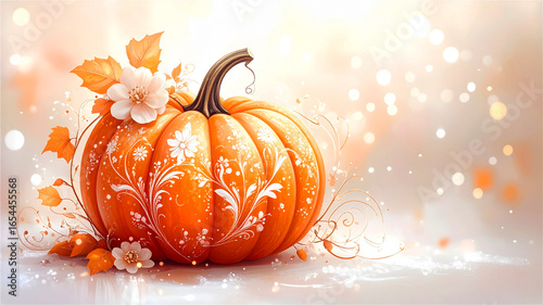 白いお花模様を描いたエレガントなハロウィンかぼちゃ