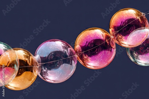 Colorful iridescent spheres strung in a curved line against a dark background