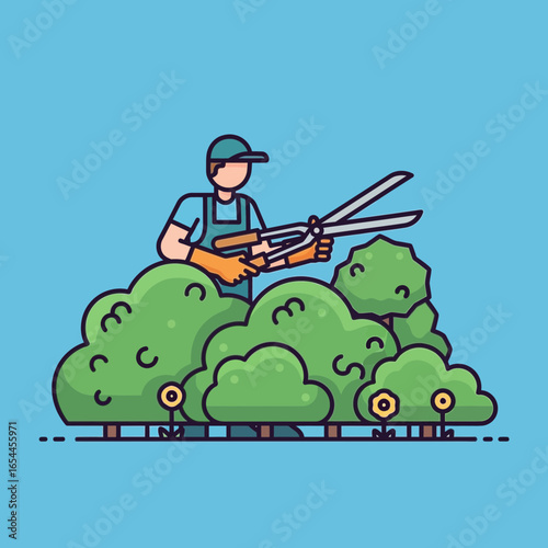 Gardener trimming bushes with large shears against a blue background.