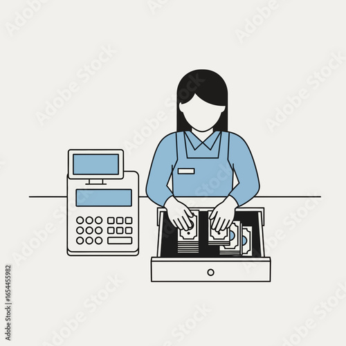 Person at a cash register counting money in a store.