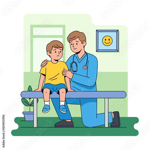 Doctor examines a young boy sitting on a medical examination table.