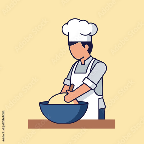 Chef kneading dough in a bowl on a counter.