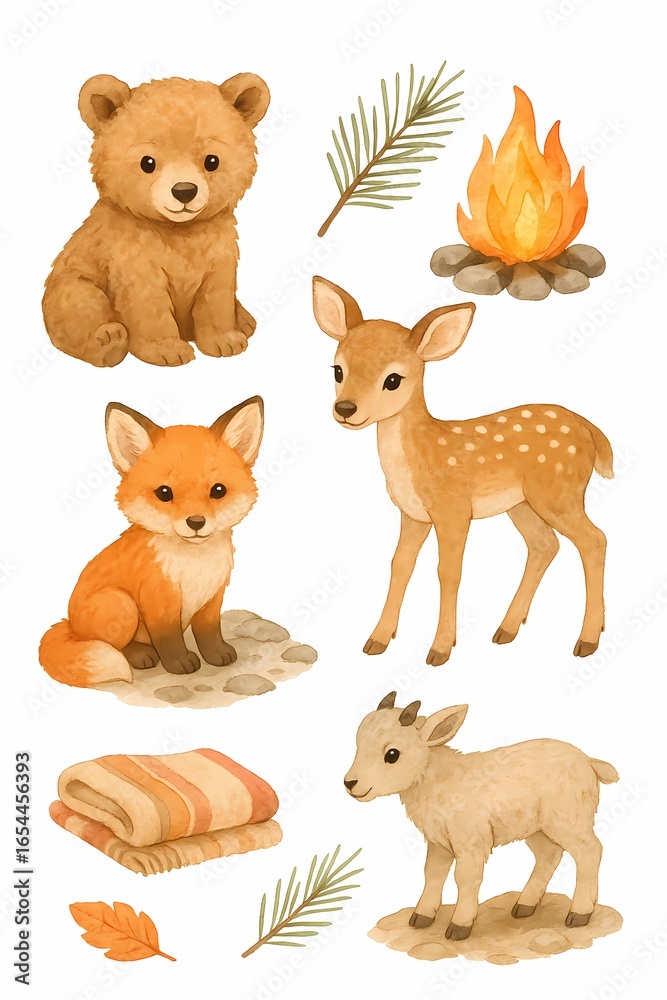 Naklejka premium Watercolor autumn animals illustration with bunny, fox, squirrel and hedgehog surrounded by pumpkins, apples and fall leaves