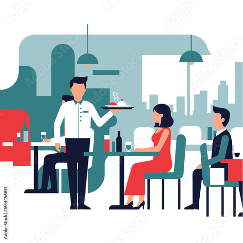 Waiter serving food to customers in a restaurant setting.