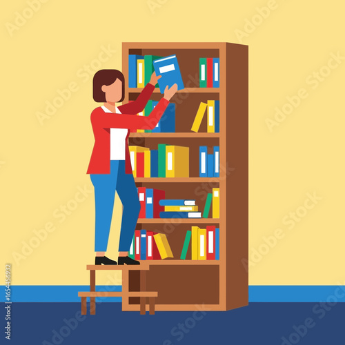 Person reaching for book on tall bookshelf using step stool.