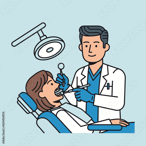 Dentist examining patient's teeth in a dental chair.