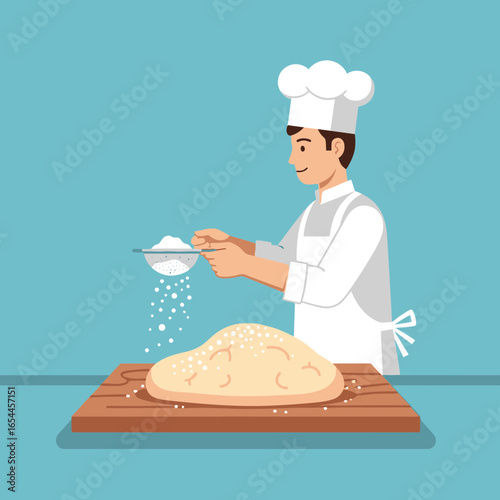 Baker sifting flour onto dough on a wooden board.