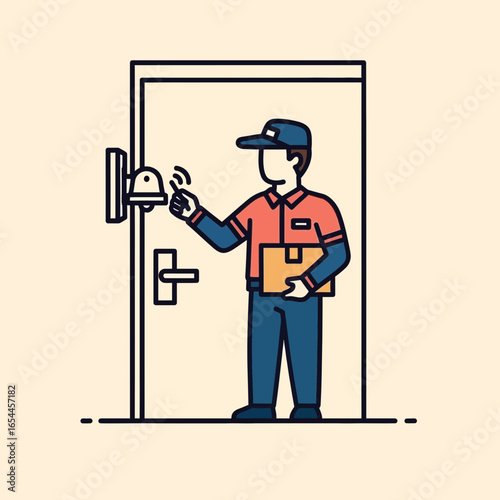Delivery person rings doorbell at a closed door.