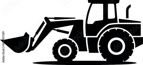 A black and white silhouette of a construction tractor with a front loader bucket on the ground level side