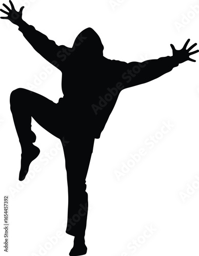 Silhouette of rapper holding microphone in performance pose, isolated on transparent background