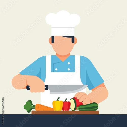 Chef chopping vegetables on a cutting board.