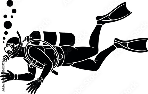 A black and white vector image of a scuba diver with bubbles and diving gear in a diving position underwater