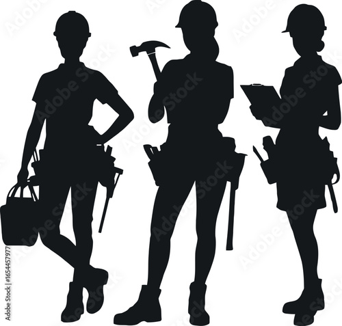 Three female construction workers in silhouette with hard hats and tool belts on a white background
