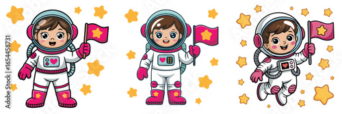 Cute Cartoon Astronaut Girl Holding a Star Flag Among Yellow Stars Illustration