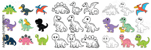 Cute Cartoon Dinosaur Set Featuring Colored, Black and White, and Silhouette Versions on a White Background