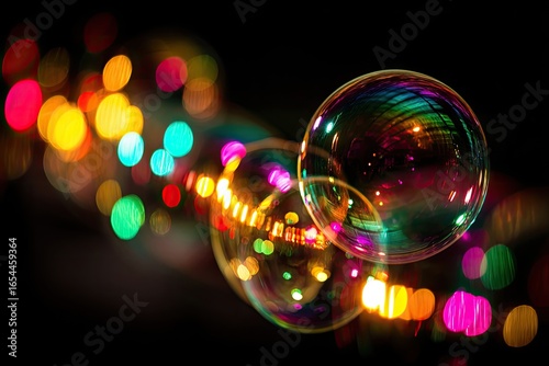 Vibrant soap bubbles in dark background with colorful bokeh