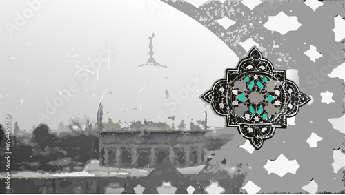Dome of the rock in grayscale with decorative islamic pattern overlay and ornament on the right side |  editable eps vectors silhouette