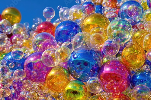 Colorful, iridescent bubbles cluster close together against a clear blue sky