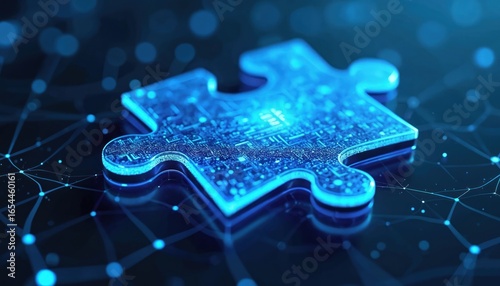 Digital puzzle piece concept in virtual environment, graphic design with innovative technology. Abstract viewpoint for SEO impact, connectivity, code, solution, modern interface, blue light, software