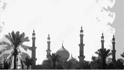 Illustration of a mosque with minarets and palm trees in a grayscale color palette with a bright sky |  editable eps vectors silhouette
