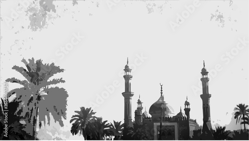 Illustration of a mosque with minarets and palm trees in grayscale with a textured appearance |  editable eps vectors silhouette
