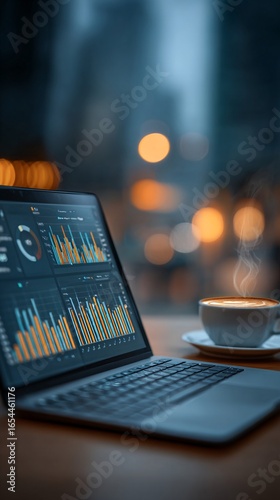 Business analyst using AI dashboard, blurred office environment, modern blue-gray palette, left side empty for copy,