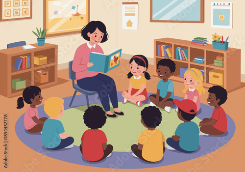 Teacher Reading Storybook to Diverse Group of Preschool Children.