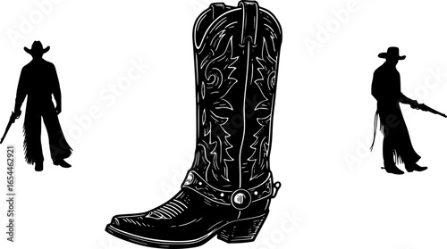Cowboy boots and western hat, Set of rodeo cowboy Silhouette,Vector illustration. Cowboy boot line art isolated on white background
