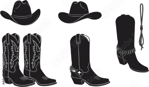 Cowboy boots and western hat, Set of rodeo cowboy Silhouette,Vector illustration. Cowboy boot line art isolated on white background
