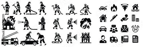 Firefighters, Natural Disasters, Emergency Services, and Insurance Icons A Black and White Pictogram Set