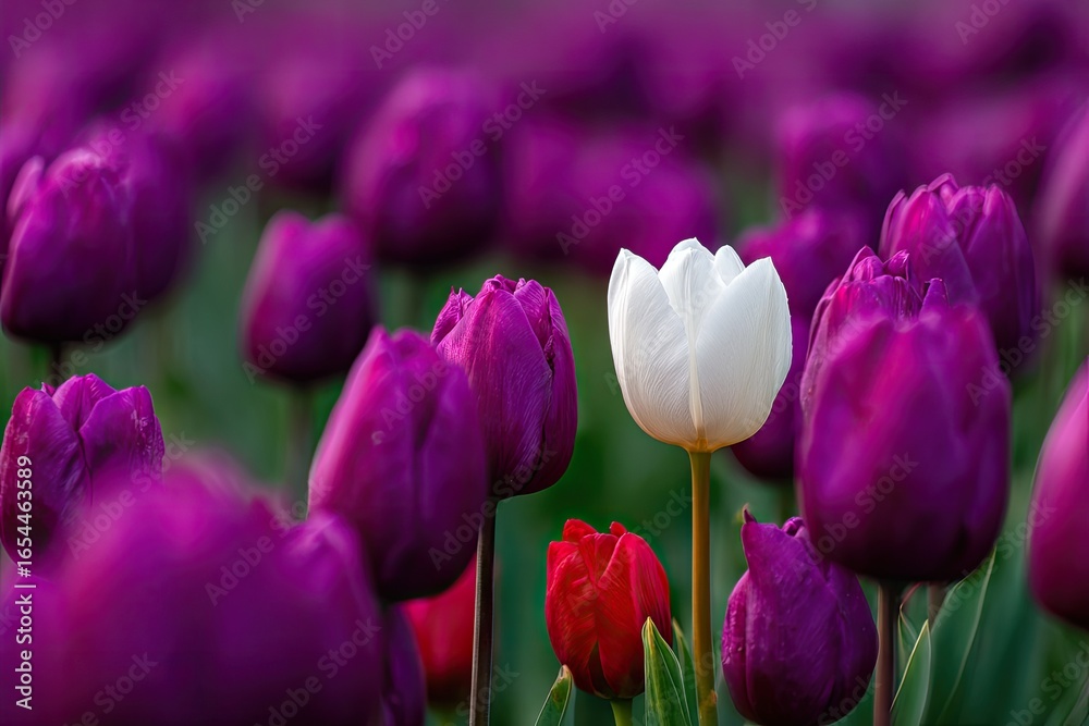 Fototapeta premium A single white tulip amidst a field of deep purple tulips, with a touch of red