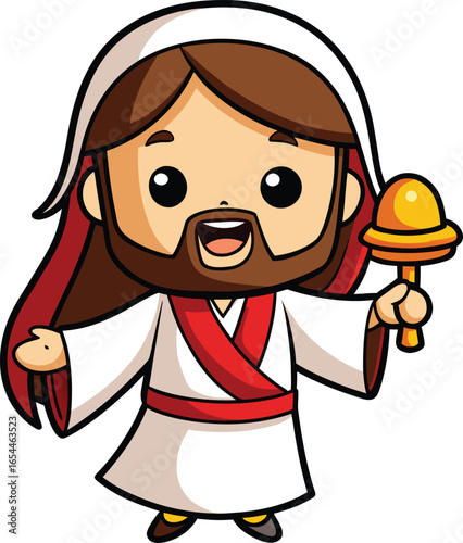 Cute Cartoon Jesus with Golden Staff – Religious Christian Vector Illustration 