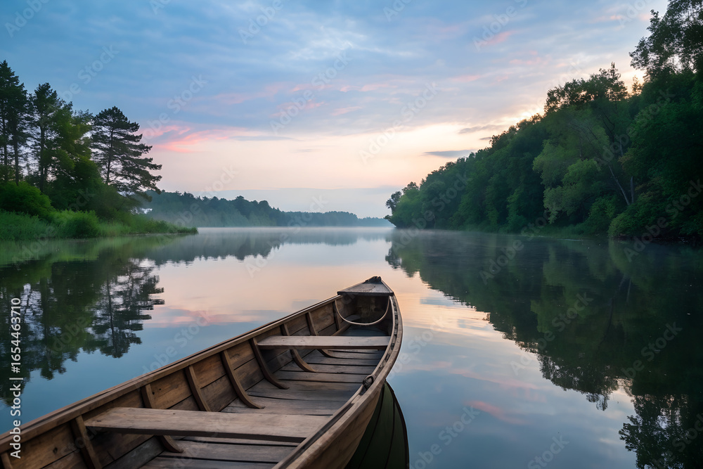 Obraz premium Peaceful River Boat Dawn Guide