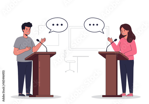 Man and Woman Giving Speeches at Podiums.