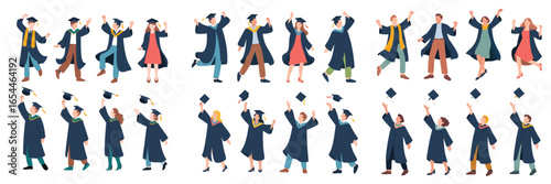 Group of Happy Graduates in Caps and Gowns Celebrating and Tossing Mortarboards Illustration