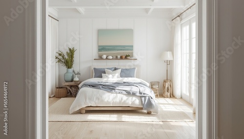 Modern coastal bedroom whitewashed walls driftwood accents light linen bedding ocean colors bright natural light through windows