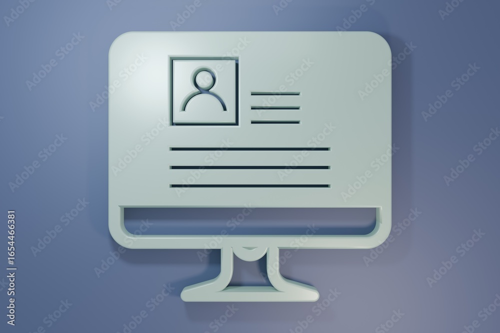 Fototapeta premium Grey Computer monitor with resume icon isolated on purple-blue background. CV application. Searching professional staff. Analyzing personnel resume. Minimalism concept. 3D render illustration