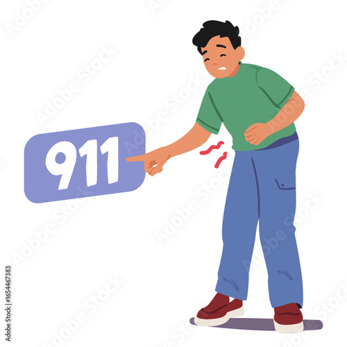 Preteen boy child cartoon character suffering from abdominal pain calling 911 emergency service