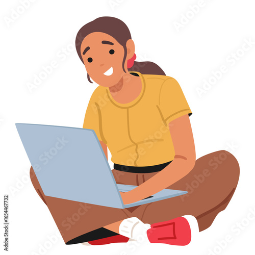 Teenage girl student cartoon character using laptop computer for learning online isolated on white