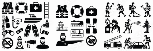 Safety and Emergency Icons Water Rescue Equipment, Lifeguard, Firefighters, Fire Truck, and Hydrant Depicted