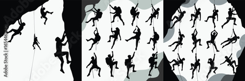 Silhouette Collection Climbers on Cliffs and Ropes in Various Poses Against White Backgrounds
