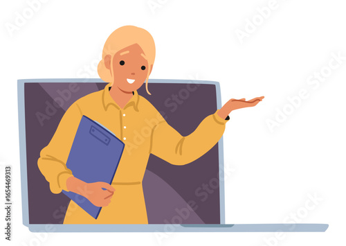 Woman psychotherapist cartoon character talking from laptop screen helping patient by video call