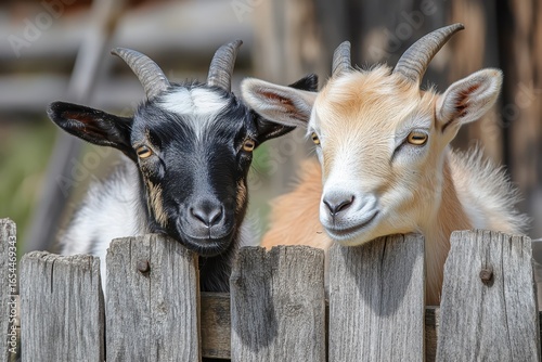 two young goats resting by a wooden fence.