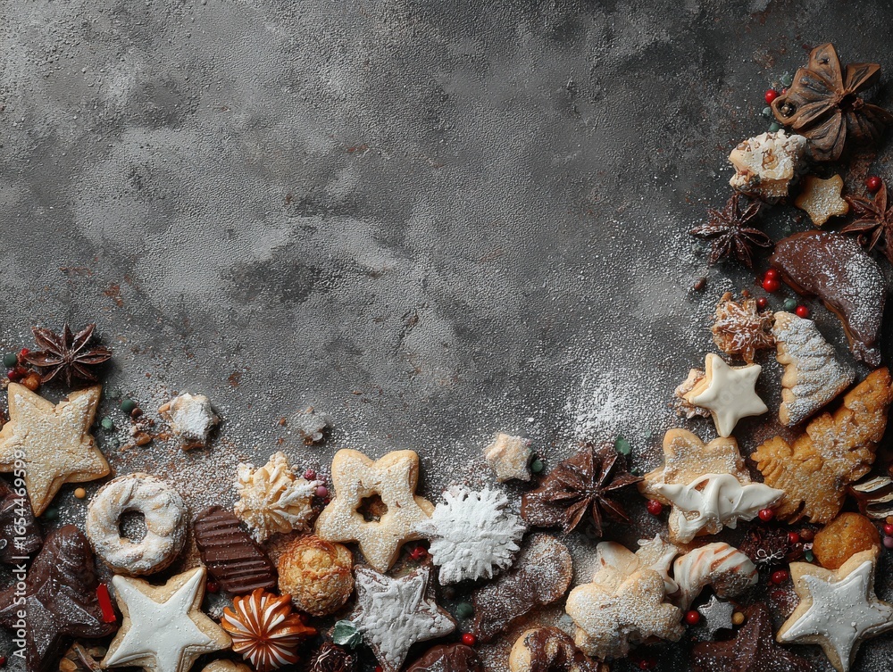 Fototapeta premium Flat lay arrangement showcases delicious assorted Christmas cookies alongside festive embellishments on a textured gray background with room for holiday greetings.