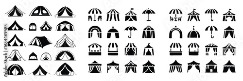 Silhouette Set Camping Tents, Market Stalls, Umbrellas and Arches in a Illustration