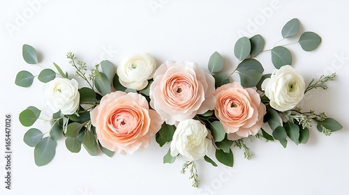 Soft peach and white ranunculus flower arrangement with eucalyptus leaves on white background